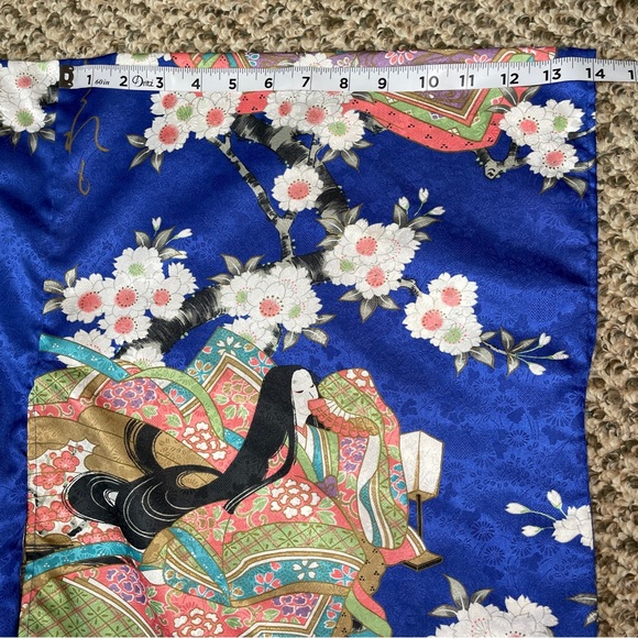 Vintage Juguemm Japanese Geisha & Cherry Blossoms Print Kimono Robe - Blue - Picture 10 of 13